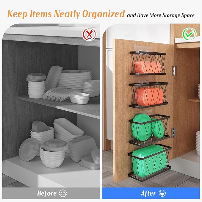 BasicForm 4 Pack Metal Kitchen Inside Cabinet Door Organizer, Adhesive Lid Organizers Cabinet Door Storage for Tupperware Lid, Storage Holder Basket for Kitchen Wall Mounted (Black)