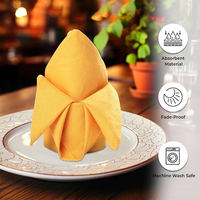 Urban Villa Cloth Napkins Set of 12 (20x20 Inches) 100% Cotton Napkins Cloth Washable Soft Durable Reusable Absorbent Table Dinner Napkins Cloth for Hotel Lunch Restaurant Weddings Parties - Mustard
