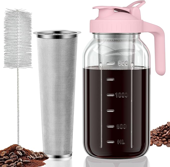 JunVpic Cold Brew Coffee Maker Jar - 64oz Thick Glass Multipurpose Mason Pitcher Spout Lid with Handle & Stainless Steel Filter for Iced Coffee, Lemonade, Ice Tea, Homemade Fruit Drinks Container