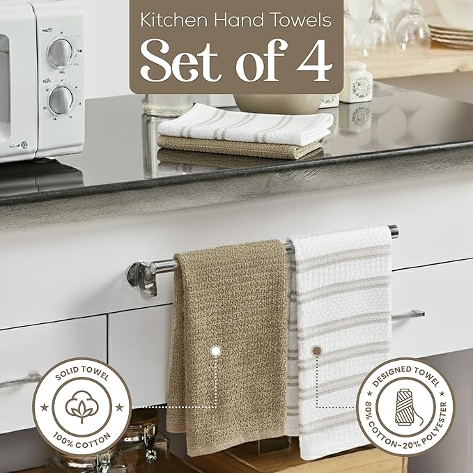 MosJos Kitchen Towels, Set of 4 Hand Towels Cotton Waffle Weave Taupe and White Dish Cloths 18 x 28 Super Absorbent and Striped Design