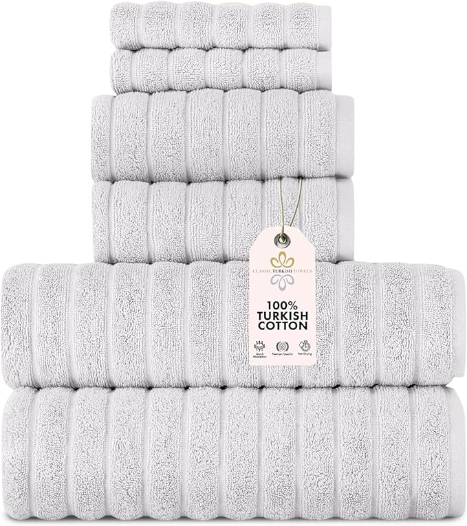 Classic Turkish Towels 6 Piece Heavy Duty Fast Drying Bath Sets Made with 100% Turkish Cotton - Includes 2 Fingertip Towels (Mist Grey)