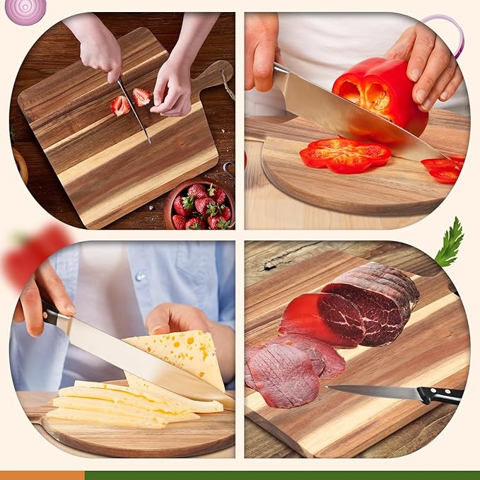Hsei 2 Pcs Acacia Wood Cutting Board with Handle Wooden Charcuterie Board Large Paddle Carving Chopping Set Butter Serving Tray for Cheese Meat Fruit Pizza Bread(Vintage Style, 16x12, 17x13 Inch)