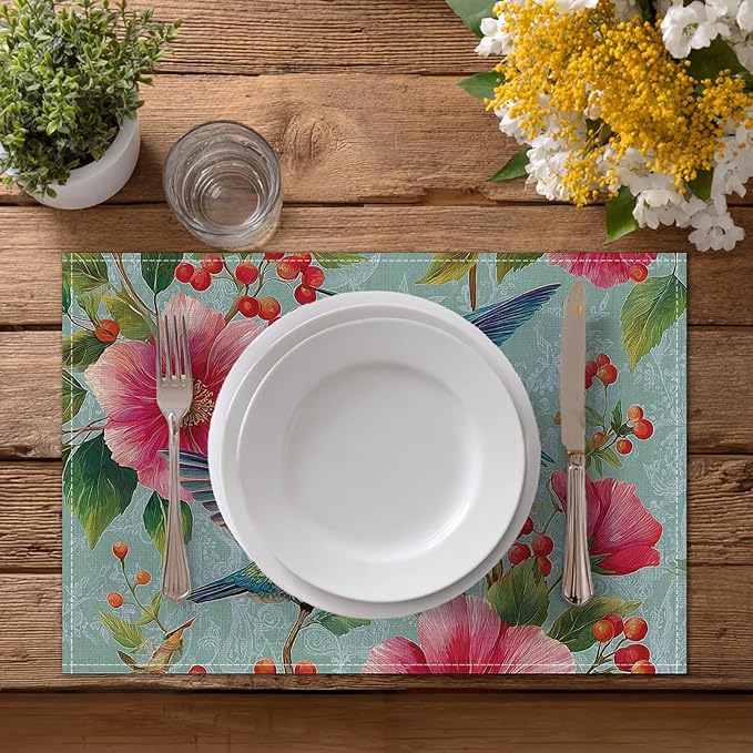 HOMETITUTE 12x18 Inch Placemats Set of 4 Linen Hummingbird Floral Spring Summer Washable Table Mats Place Mats Decorative Farmhouse Autumn Placemats Set Kitchen Dining Table Decor
