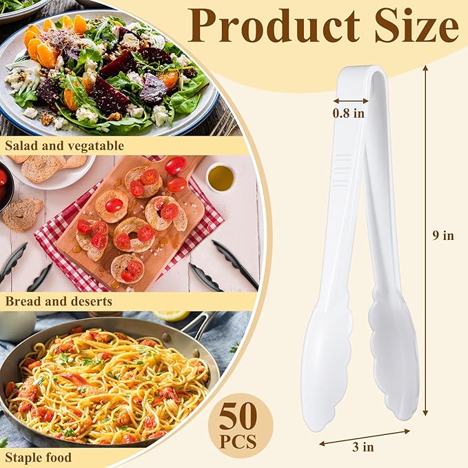 Tessco for you 50 Pcs Plastic Tongs for Serving Bulk, 9 Inch Plastic Disposable Serving Tongs, Heavy Duty Salad Tong for Kitchen, Buffet, BBQ, Events & Catering (White)