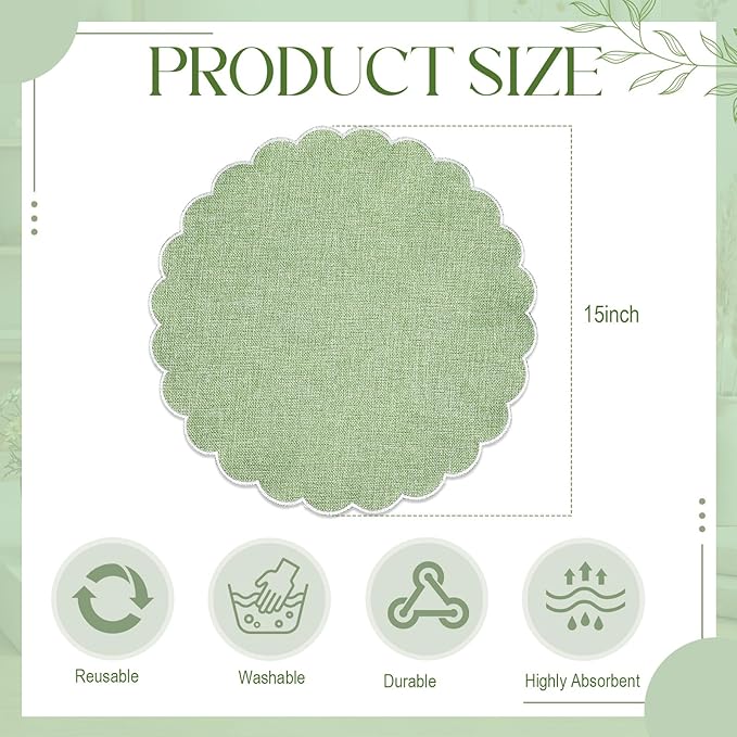 Set of 12 Sage Green Cotton Placemats 15 Inch Round Scalloped Embroidery Placemats Washable Double Layered Rustic Table Mat Fabric Napkins for Wedding Table Decor