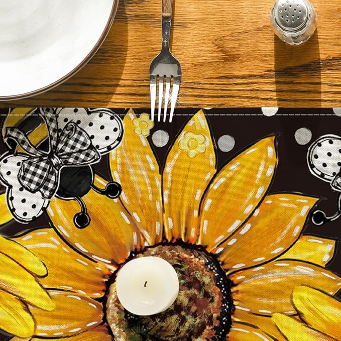 Artoid Mode Black Sunflower Bee Flower Polka Dot Summer Table Runner, Seasonal Kitchen Dining Table Decoration for Indoor Party Home 13x72 Inch
