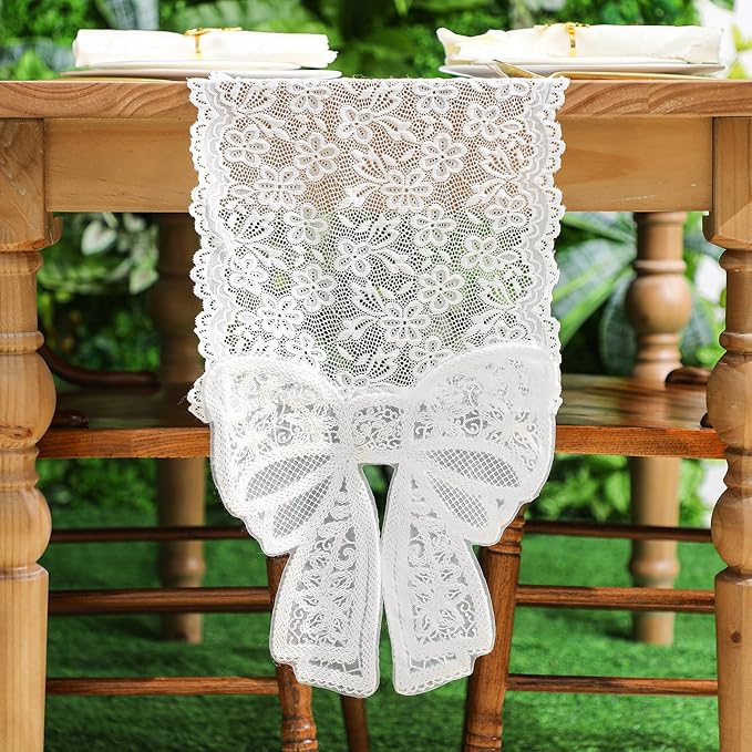 White Lace Table Runner with Big Bow Ends 12 x 71 Inch Vintage Rectangle Macrame Embroidered Runner French Style Tablecloth for Wedding Kitchen Dining Table Home Decor