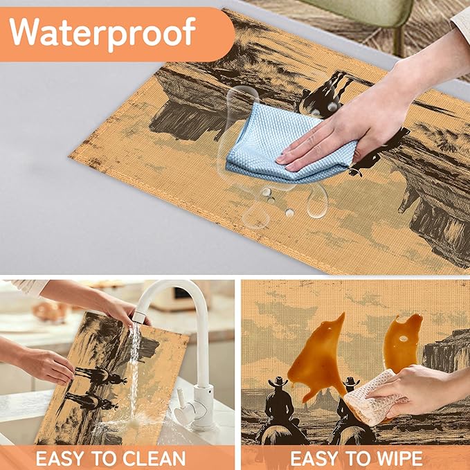 Vintage Western Cowboy Placemats Set of 6,Waterproof Heat Resistant Dining Table Plate Mat for Home Kitchen Dining Table 12x18Inch