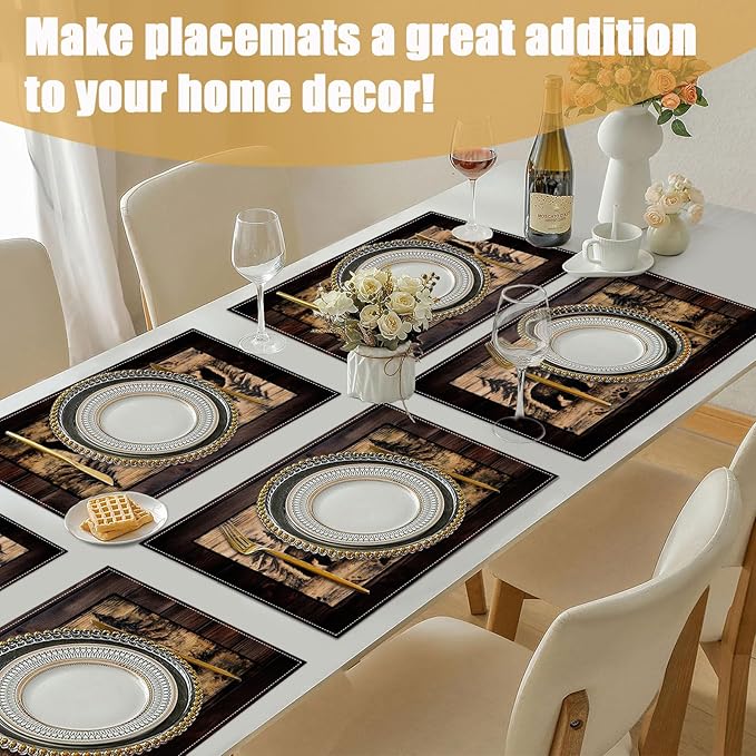 Brown Bear Pine Tree Placemats Set of 6, Wood Grain Linen Place Mat Washable Stain Resistant Table Mats for Farmhouse Kitchen Party 12x18 Inch