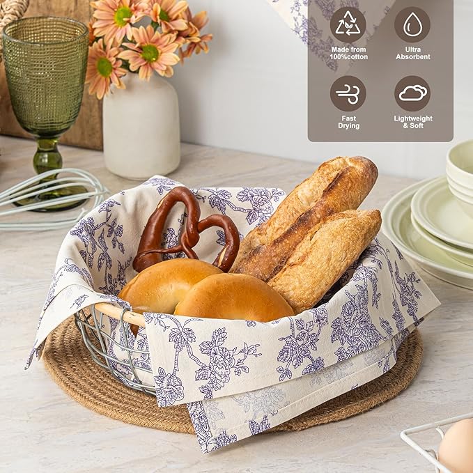 100% Cotton French Pastoral Kitchen Towels Set of 2, Decorative Flour Sack Tea Towels with Hanging Loop 18x25 Inch Absorbent Dish Cloths Farmhouse Home Decor, Purple