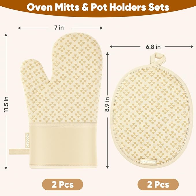 Oven Mitts and Pot Holders 4 Sets, Heat Resistant 500 ℉ Oven Mitt and Pot Holder,Oven Glove&Potholders with Non-Slip Silicone Surface,Kitchen Essentials for Cooking/Baking/BBQ-Beige
