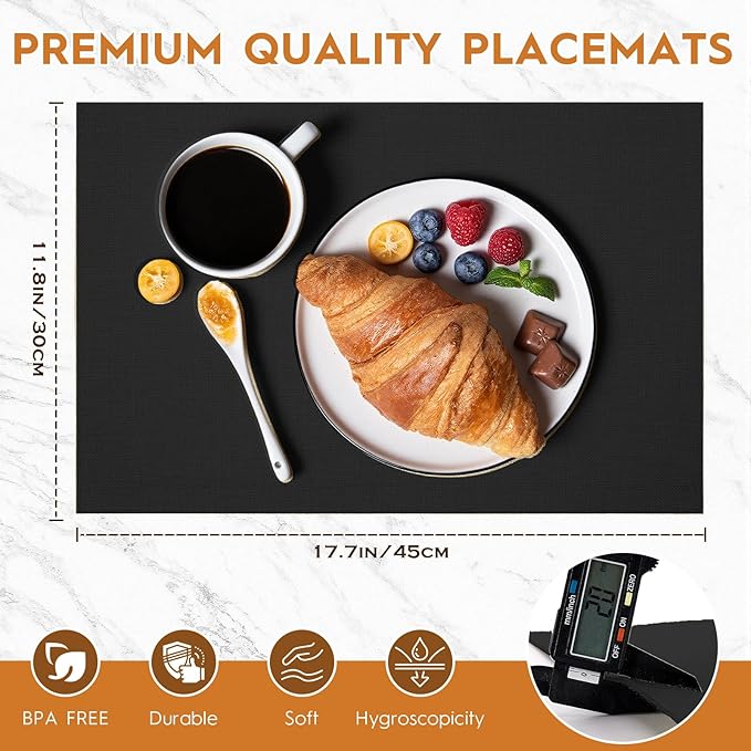 Placemats Set of 6 Linen Type Fabric Cloth Placemats, 18x12 Inch Double Layered Thick Wrinkle Free Heat Resistant Table Place, for Dining, Kitchen, Party (45 * 30cm, Black)