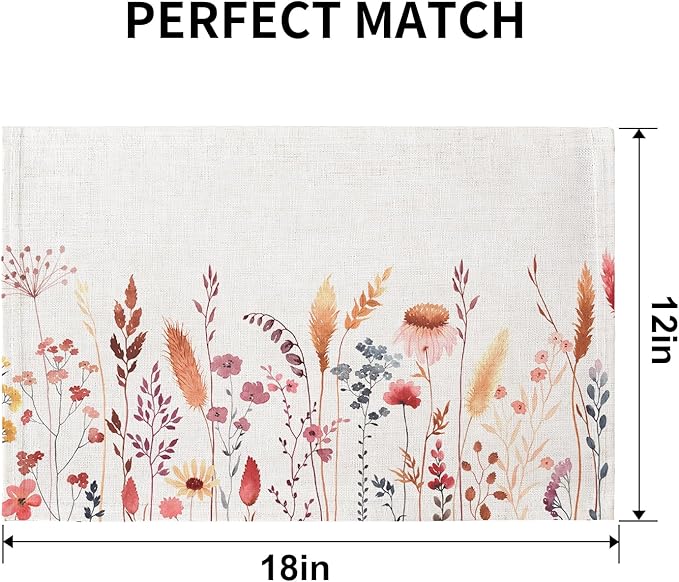 QIYI Boho Placemats Set of 6, 12x18 Inch Linen Fabric Floral Place Mats for Kitchen Dinning, Farmhouse Rustic Cloth Table Mats, Washable Placemat Party Table Décor, Autumn Wildflowers