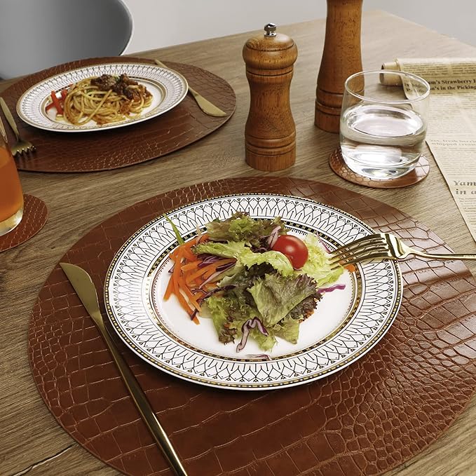 Round Leather Placemats for Round Tables Set of 8, Brown Table Place Mats and Coasters, Washable Easy to Care for Indoor Decor 13" Diameter