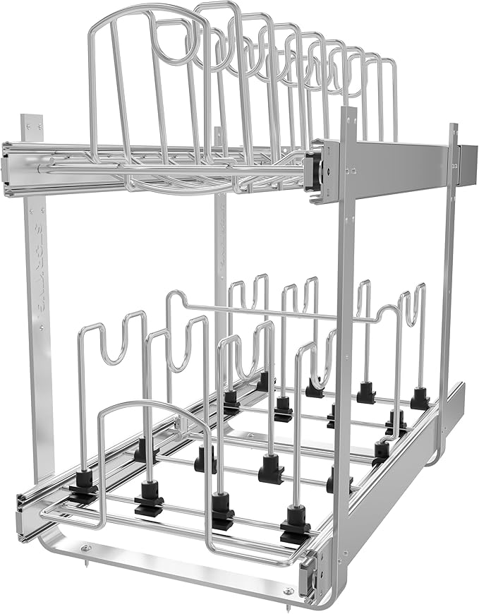 2-Tier Kitchen Pull out Cabinet Organizer for Pots, Pans, and Lid Cookware, Adjustable Heavy Duty Wire Pan and Pot Rack, Full-Extension Rail 12" W *22" D