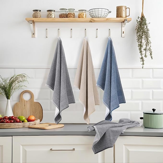 Mordimy Premium Kitchen Towels 6 Pack (18 x 28 Inches, Multicolor), Large Cotton Kitchen Hand Towel, Flat & Terry Dish Towels for Drying Dishes, Super Absorbent Tea Dishtowels Set with Hanging Loop