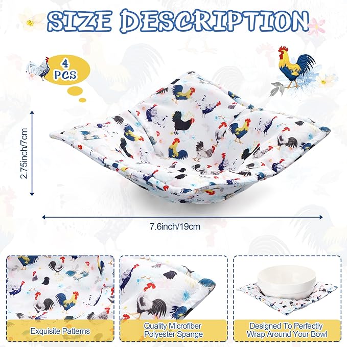 Cunhill 4 Pcs Cotton Microwave Bowl Cozy Holders for Hot Food Hot Pads Soup Bowl Potholders Heat Resistant Multipurpose Quilted Safe Holders for Kitchen Plate Supply(Multi Color,Rooster Style)