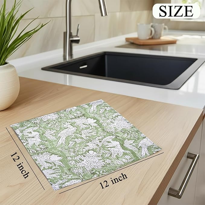 CPC Olive Green Hand Block Printed Cotton Waffle Dish Cloth Set of 12-12x12 Inch Super Absorbent, Soft, Reusable Kitchen Towels for Dish Drying & Cleaning Ideal for Spring, Mother's Day