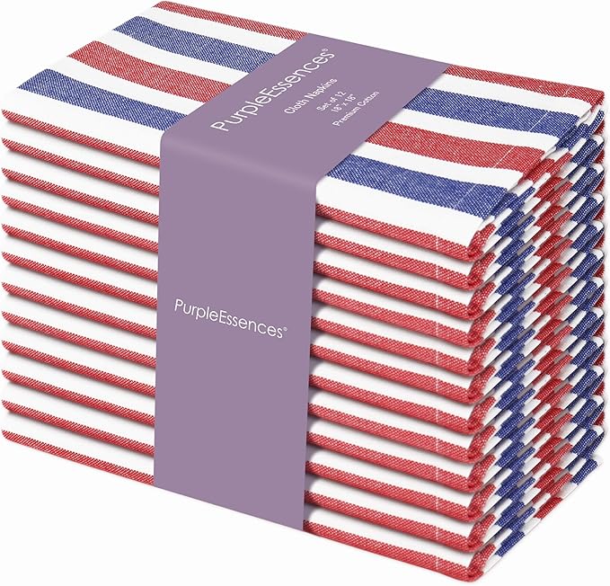 PurpleEssences 4th of July Plain Striped Cloth Napkins - Set of 12-100% Cotton - 18 x 18 Inch - Perfect Everyday Use Dinner Napkin - Red Blue White
