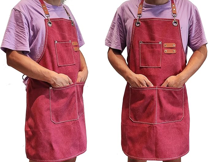Chef Apron with Large Pockets for Women Men, Cotton Canvas Cross Back Water Repellent Adjustable Work Apron