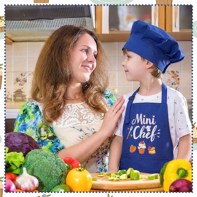 Kids Apron and Chef Hat Set, “Mini Chef” Funny Apron Adjustable Kitchen Apron for Boys and Girls