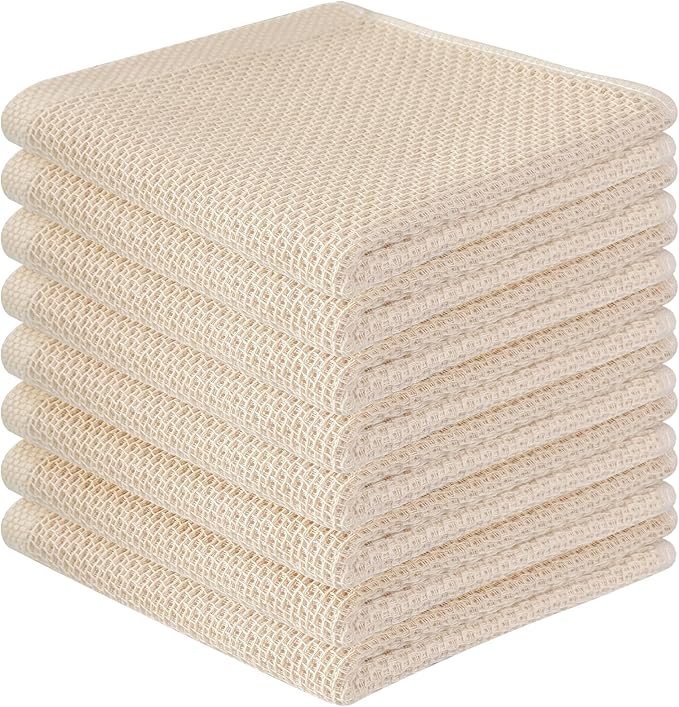 100% Cotton Waffle Weave Kitchen Towels, 8 Pack Dish Cloths for Washing Dishes, Ultra Soft Absorbent Dish Towels, Quick Drying Kitchen Rags, 12x12 Inches, Beige