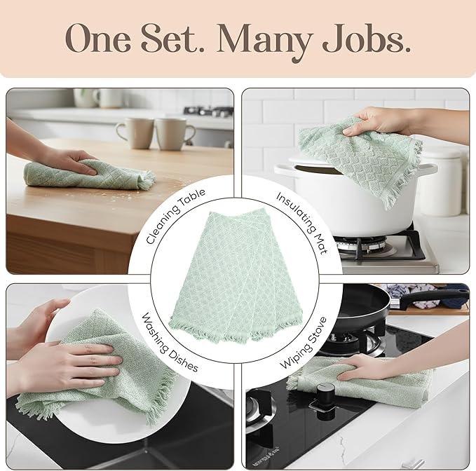 MosJos Kitchen Towels, Set of 4 Hand Towels, Blue Diamond Pattern Drying Towels 18 x 28 Super Absorbent Cotton Hand Cloths with Fringed Edges, Everyday Essentials Kitchen Linens