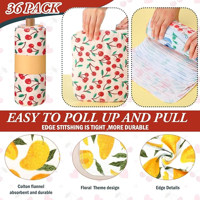 Redbaker 30 Pcs Reusable Paper Towels Rolls Towels Bulk Kitchen Washable Paperless Cloth Cotton Hand Napkins with Cardboard Reusable Napkins for Kitchen Bathroom (Fruit Design)
