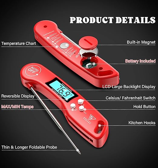 DOQAUS Digital Meat Thermometer, Instant Read Food Thermometer for Cooking with Backlit & Auto-Rotating Display, 4.6” Probe for Grilling, Baking, and Perfect BBQ