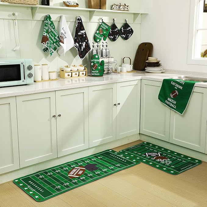 Fourluoo 10 Pcs Football Kitchen Decor Oven Mitts and Pot Holders Sets Football Dish Towels Pot Holders Sports Kitchen Rugs and Mats for Women Reusable Cooking Grilling Accessories Mom Gift