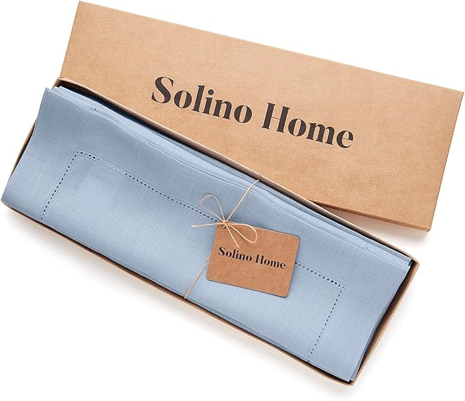 Solino Home Linen Placemats Set of 4 - Classic Hemstitch Sky Blue Placemats 14 x 19 Inch - 100% Pure Linen Table Mats for Spring, Summer, Mothers Day
