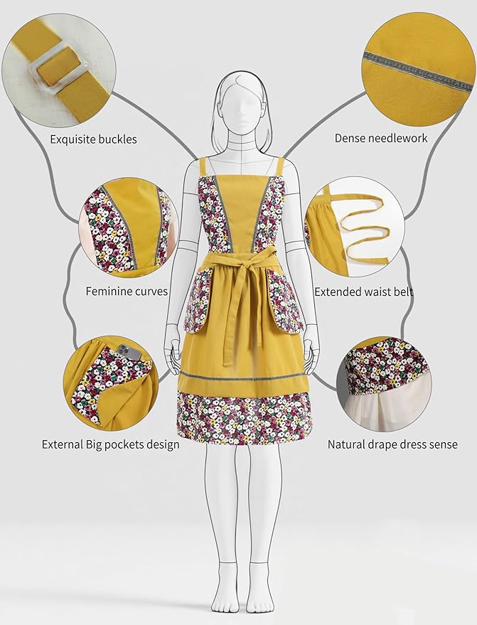 Pinknoke Kitchen Aprons for Women with Pockets Cute Vintage Chef Pinafore Apron for Gardening Cooking Baking Painting