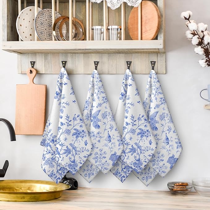 Chinoiserie Floral Kitchen Dish Towels 16x24 Inch, White Blue Flowers Bird Absorbent Tea Hand Towels for Kitchen Cooking Baking Farmhouse Holiday Decoration Set of 4, Chinoiserie Decor