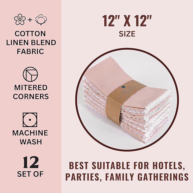 Fingercraft Dinner Cloth Napkin Cotton Linen Blend 12 Pack Mitered Corners with Elegant Lace for Everyday Use Napkins are Pre Shrunk and Good Absorbency (Pink, 12in x 12in) Easter Color