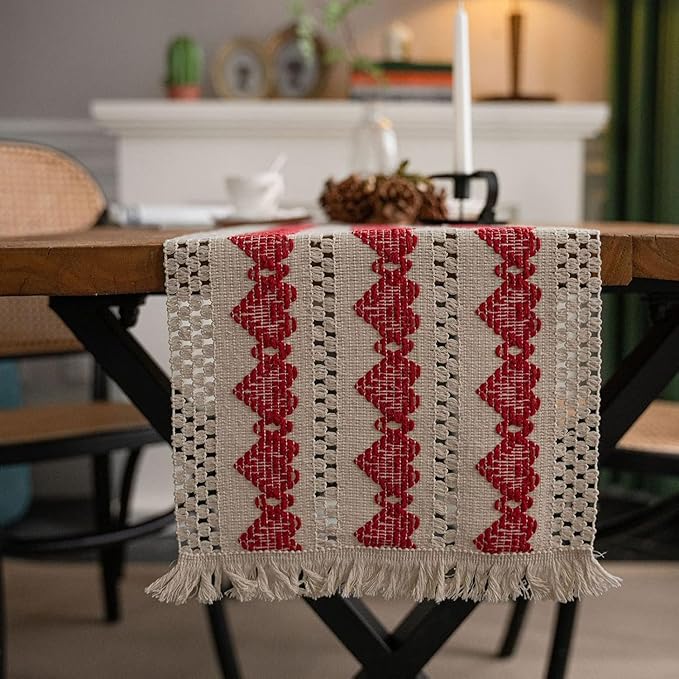 Alynsehom Macrame Table Runner Beige and Red Heart Table Runners with Tassels Hand Woven Cotton Table Runner Rustic Farmhouse Table Runners for Valentine's Day Bohemian Kitchen Dining Table(12x71in)