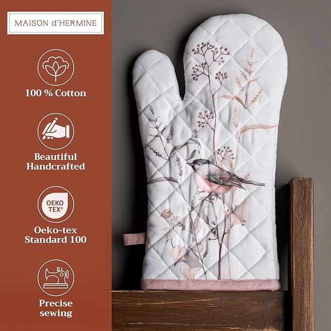 Maison d'Hermine Oven Gloves 100% Cotton Oven Mitt 7" x 13" with Loop Heat Resistant BBQ Cooking Gloves Baking Grilling Gifts for Mothers Day Spring/Summer (Pack of 1, Meadow Florals - Brown)