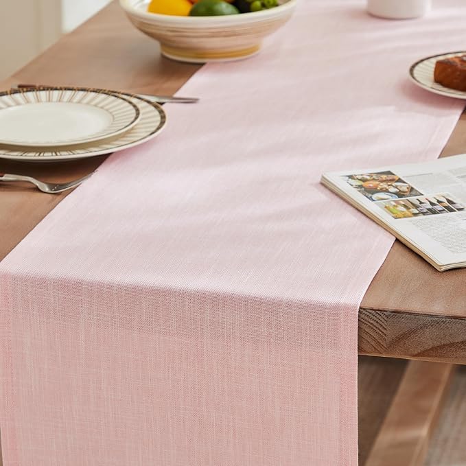 ZeeMart Rustic Cotton Linen Table Runner, 13x108 Inches Pink, Farmhouse Style Pink Table Runners 108 Inches Long, Washable Kitchen Dining Table Decoration for Home Party Decor