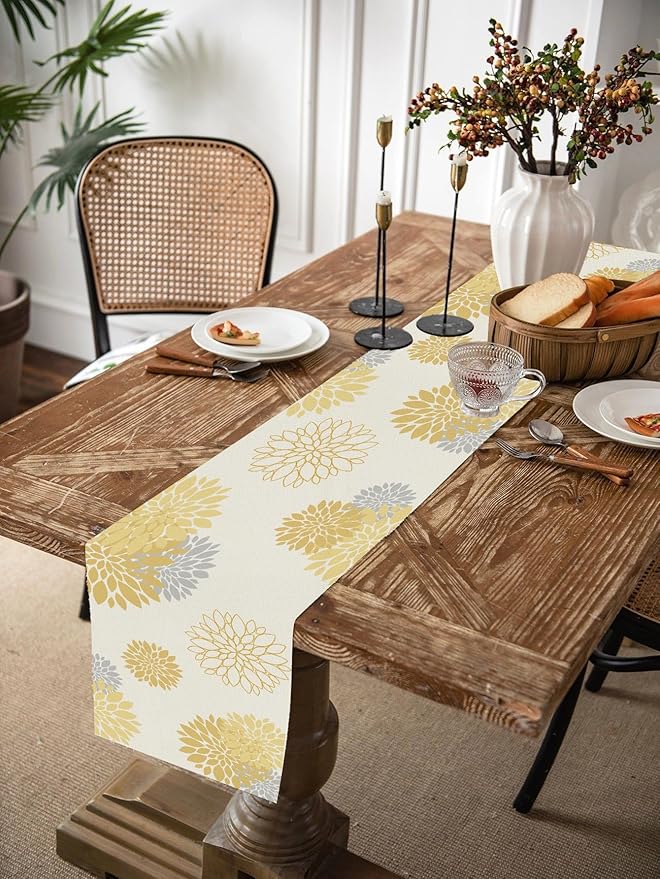 Yellow Gray Table Runner Dahlia Pinnata Flower Beige Table Runners Modern Elegant Pompon Farmhouse Geometric Table Center Decor for Girls Room Dining Party Patio (13 x 108 Inch)