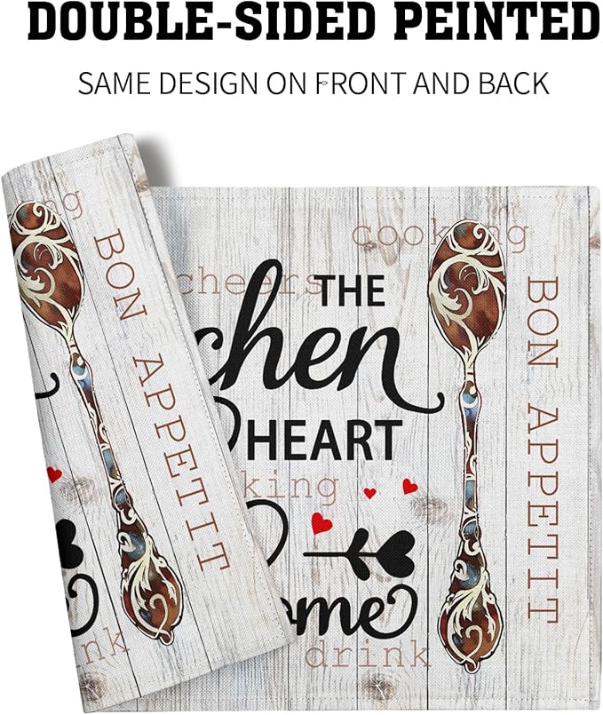 Giwawa The Kitchen is The Heart of The Home Placemats Set of 4, Farmhouse Vintage Style Cooking Sets Linen Washable Table Place Mats 12x18 Inch for Kitchen Dining Party Indoor Outdoor Decor