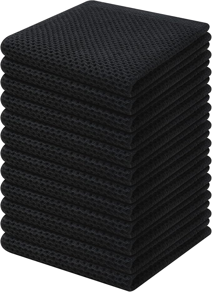 Kitinjoy 100% Cotton Kitchen Dish Cloths, 12 Pack Waffle Weave Ultra Soft Absorbent Dish Towels for Drying Dishes Quick Drying Kitchen Towels Dish Rags, 12 X 12Inch, Black
