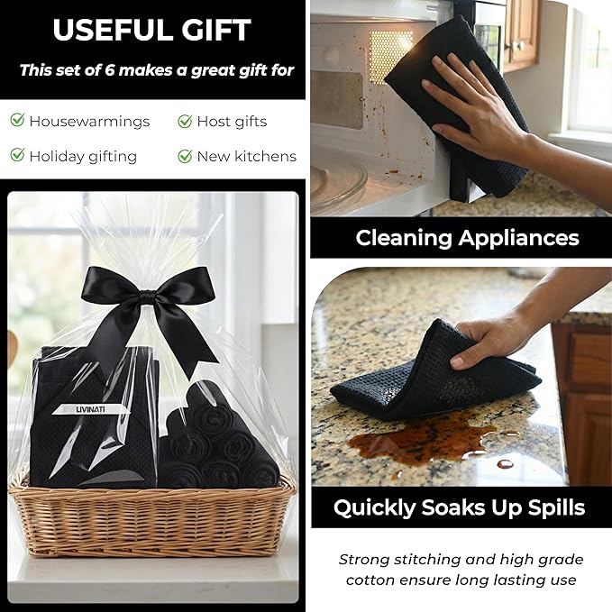 Highly Absorbent Cotton Dish Towels for Drying - Set of 6 Black Kitchen Towels - 18"X28" Lint Free Waffle Weave Cloth Linen Hand Bathroom Bulk Dishtowels