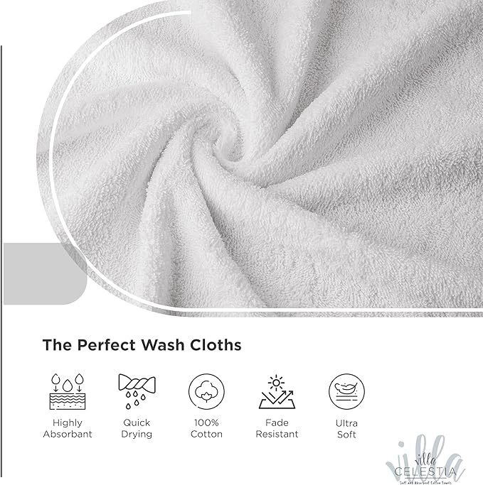 100% Cotton Wash Cloth for face & Body Set of 6, (12 x 12 inches) Sustainable, Soft, Highly Absorbent, Combed Cotton Wash Cloths Pack of 6 for Hotels, Spa, Bathroom, Dorm, White