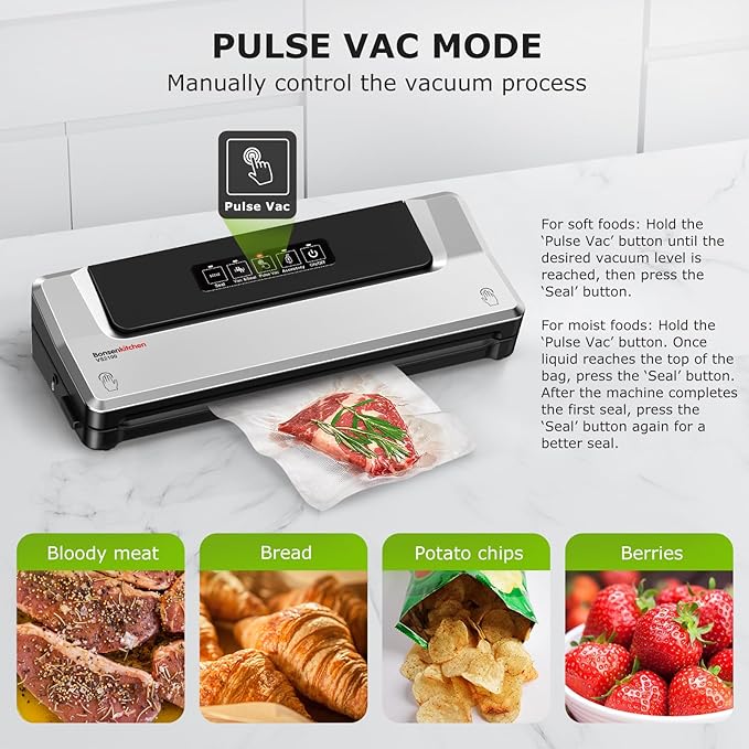 Bonsenkitchen Vacuum Sealer Machine | Compact Food Sealer for Kitchen Storage & Meal Prep | Multiple Modes | External Vacuum System | 5 Bags, Silver