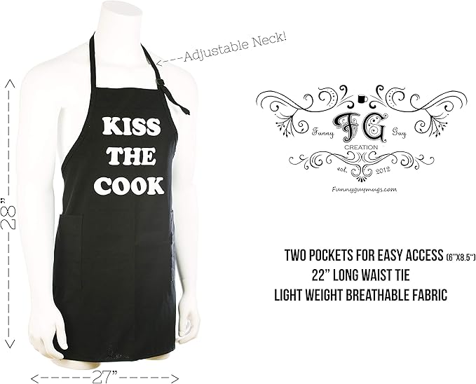 Funny Guy Mugs Kiss The Cook Adjustable Apron with Pockets - Funny Apron For Men & Women - Perfect for Kitchen BBQ Grilling Barbecue Cooking Baking
