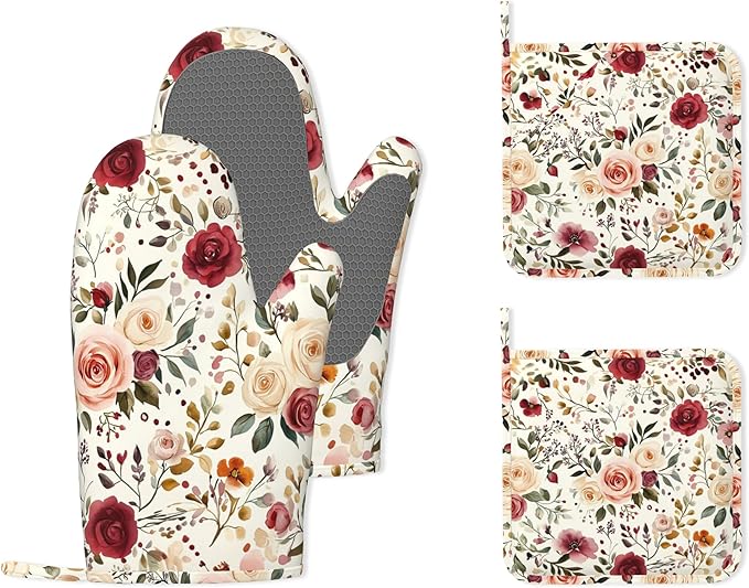 Spring Flowers Silicone Oven Mitts and Pot Holders,Pink Roses Heat-Resistant 4 Piece Kitchen Set Non-Slip Oven Gloves and Hot Pads for Cooking, Baking, Grilling,BBQ