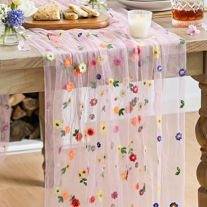 Artoid Mode 6PCS Pink Embroidery Daisy Gauze Table Runner 120 Inch 10FT, Seasonal Sheer Kitchen Dining Holiday Wedding Birthday Table Decor for Home Party