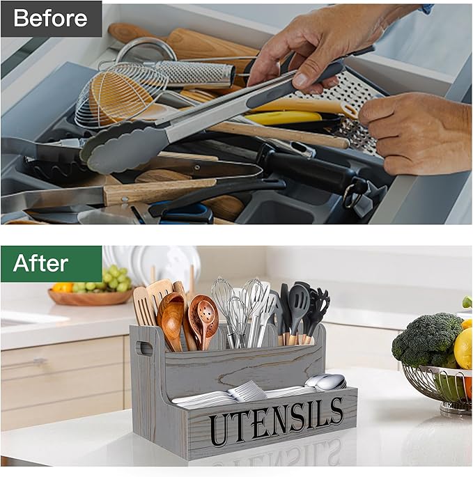 Suli Kitchen Utensils Holder, Wooden Utensil Organizer for Kitchen Countertop, Farmhouse Utensil Storage, Rustic Cooking Utensils ,4 Compartments,- Grey Grain