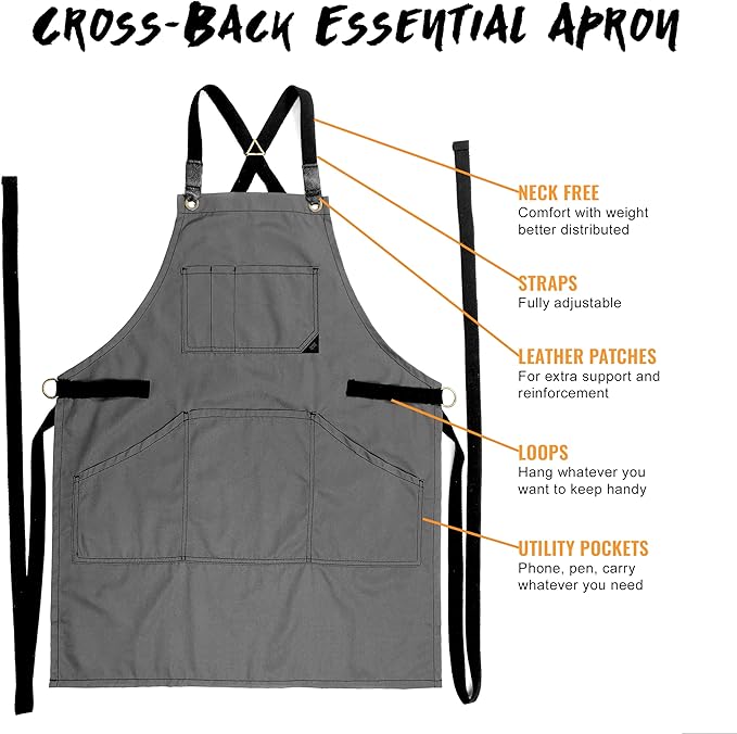 Under NY Sky Essential Armor Gray Apron – Cross-Back with Durable Twill and Leather Reinforcement – Adjustable for Men and Women – Pro Chef, Tattoo Artist, Baker, Barista, Bartender, Server Aprons