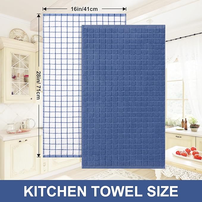Homaxy Premium Cotton Kitchen Towels 16"x 28", Large Natural Ring Spun 390 GSM Dish Towels, Super Absorbent Terry Kitchen Hand Towels, Soft Tea Towels with Hanging Loop, Navy Blue Check Design, 6 Pack
