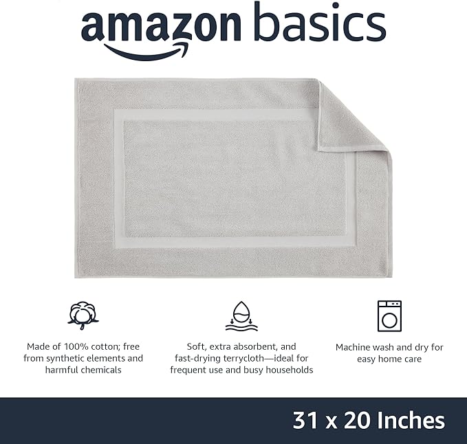 Amazon Basics Banded Bathroom Bath Rug Mat, 100% Cotton, 31 x 20 inches, Soft Silver (Pack of 2)